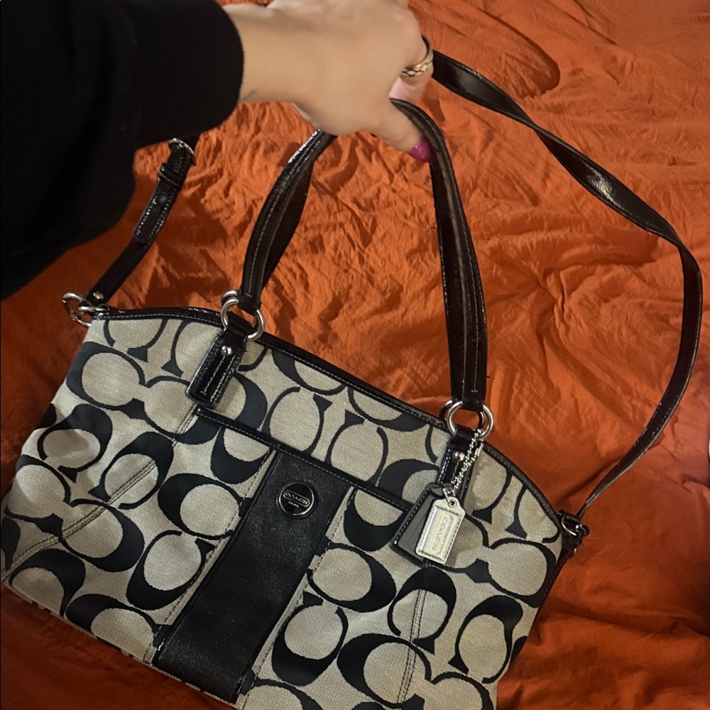 Vintage Coach Signature Canvas Shoulder Bag in Khaki and Black